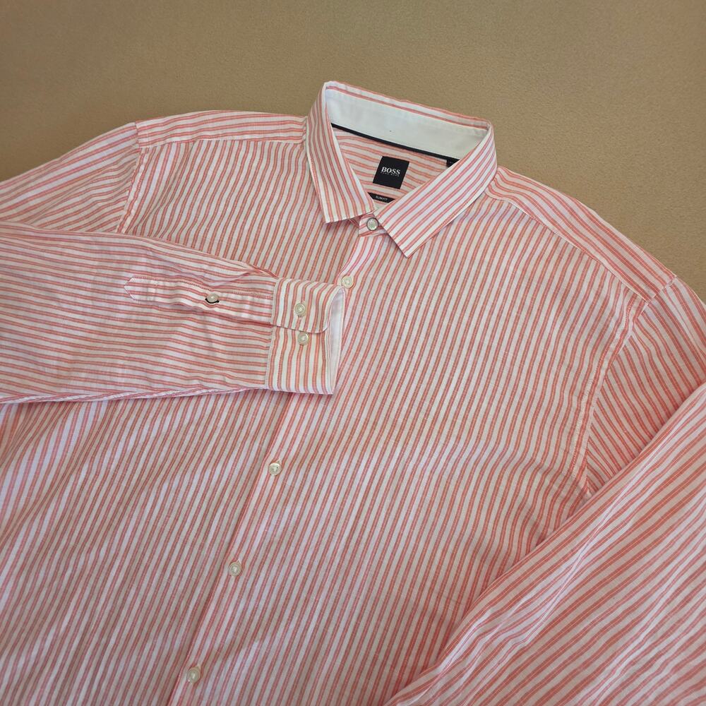 BOSS Hugo Boss Rikki Orange & White Striped Button-Up Shirt Slim Fit Sz 3XL
